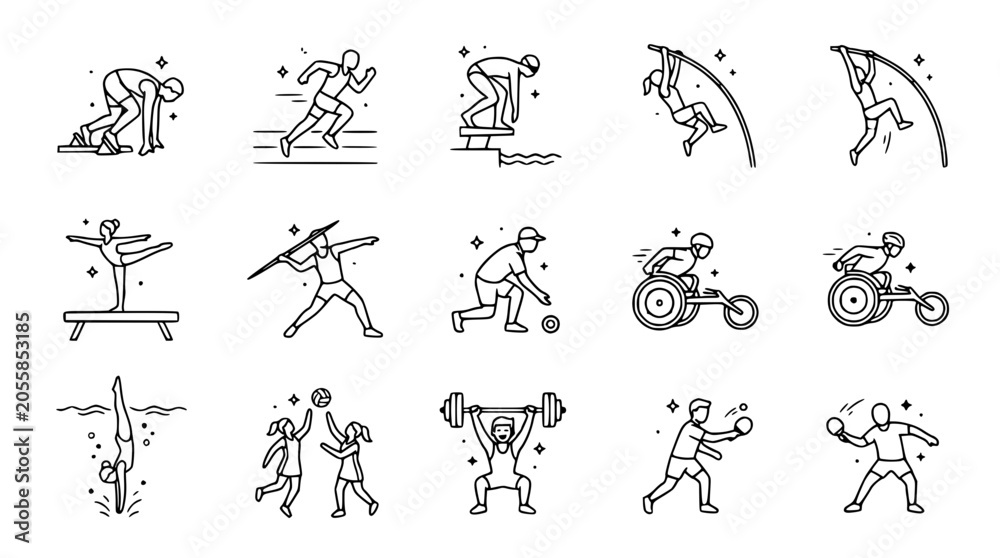 Fototapeta premium Diverse Sports Icons: Action Figures for Athletics, Disability Sports, and Recreation