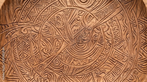 Intricately carved wooden plate featuring a central bird motif and geometric patterns, showcasing artisanal craftsmanship