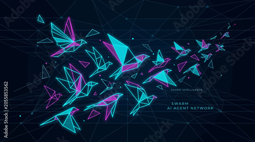 Swarm Intelligence AI Agent Network Glowing Origami Birds Vector Illustration