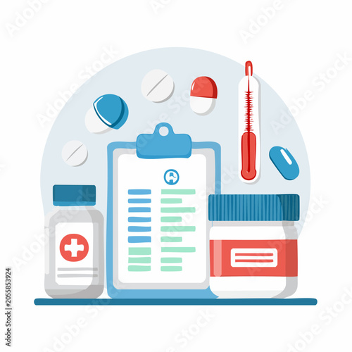 Medical Clipboard with Pills and Thermometer for Healthcare.