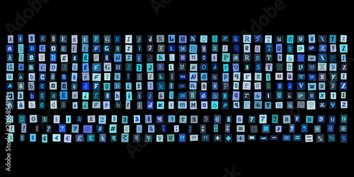фотографія Lettere e numeri stile ritaglio di giornale blu su sfondo nero per design creati