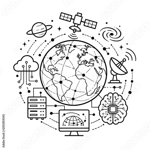 Schilderij op canvas Global Communication Network Infographic with Advanced Digital Technology and Co