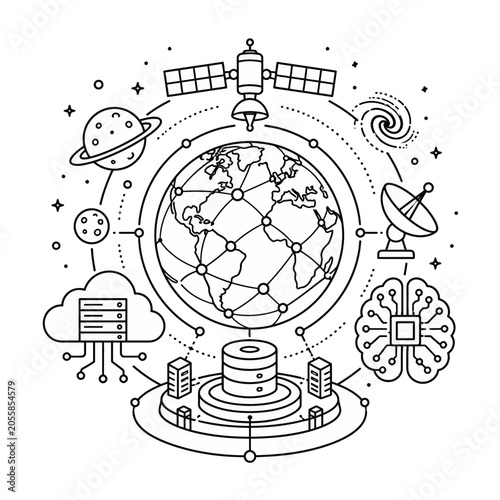 фотографія Linear Illustration of Global Data Network Connectivity Featuring Satellite Eart