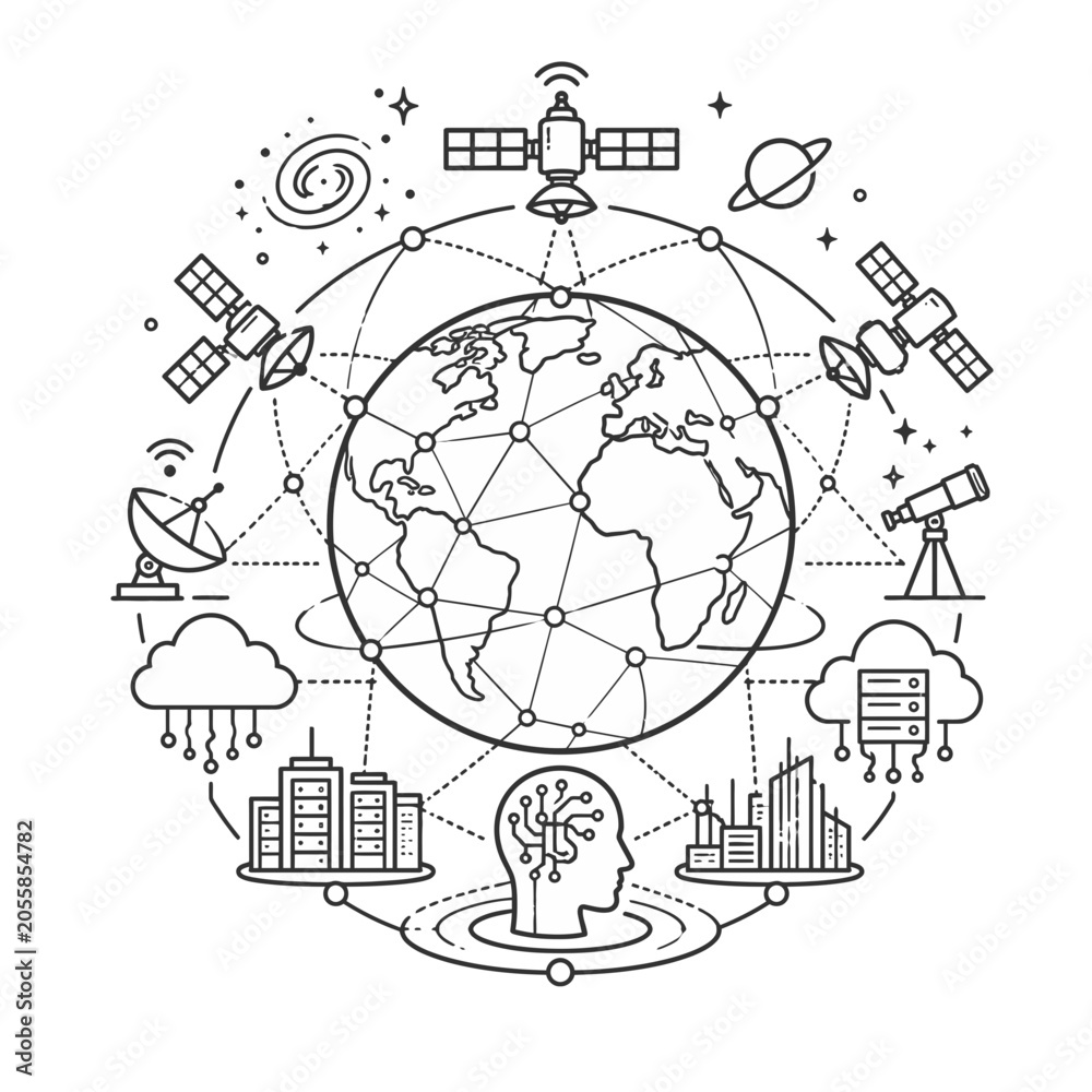 Obraz premium Futuristic Global Network Illustration Featuring Artificial Intelligence, Satellites, Cloud Computing and Smart City Infrastructure