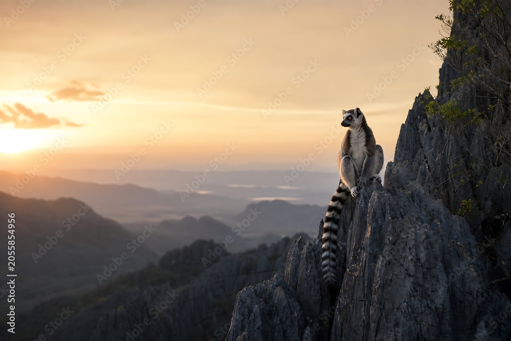 Obraz premium Lemur sitting on a rocky mountain peak.