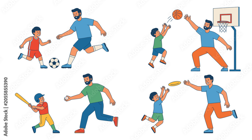 Fototapeta premium Flat vector illustration of father and son playing sports together on white background