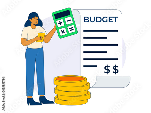 A woman calculating personal or corporate budget expenses using a large calculator next to a document and stacked coins. Money spend illustrations. Flat vector concepts.