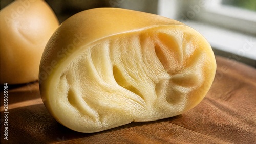 scamorza. Half of a scamorza cheese cut open on a wooden board, revealing its pale yellow, stringy interior. menu design.