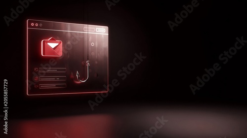A visual representation of phishing, featuring a glowing red email icon and a fishing hook in a dark setting.