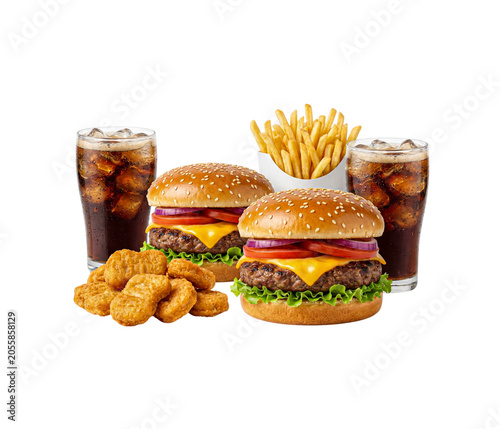 Fast food combo meal with cheeseburgers french fries nuggets and cola on white background