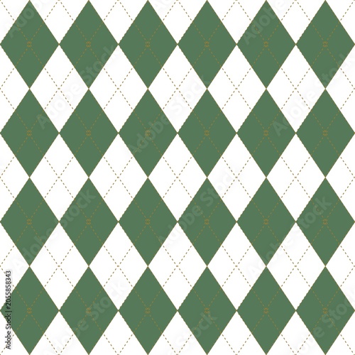 Elegant green and white argyle pattern with decorative stitches. This seamless texture offers a classic, preppy look for textiles, wrapping paper, or clothing designs.