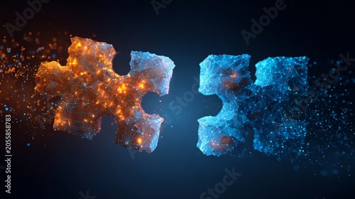 Two digital puzzle pieces, one orange and one blue, glowing against a dark backdrop, symbolizing connection and innovation.