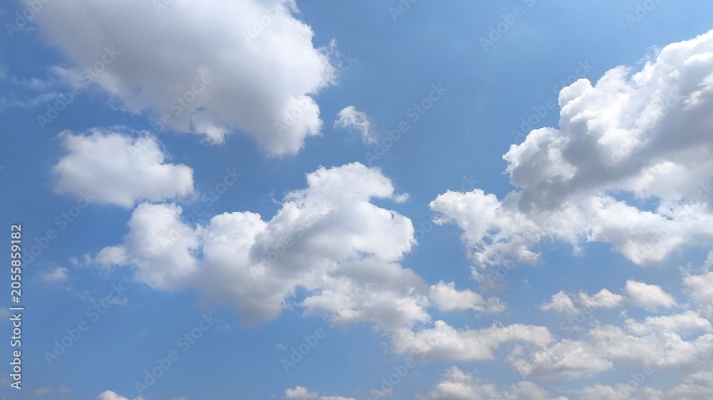 Fototapeta premium Scenic blue sky panorama featuring floating white clouds and fresh atmosphere, perfect for summer vacation advertisements, environmental campaigns, and nature inspired visuals.
