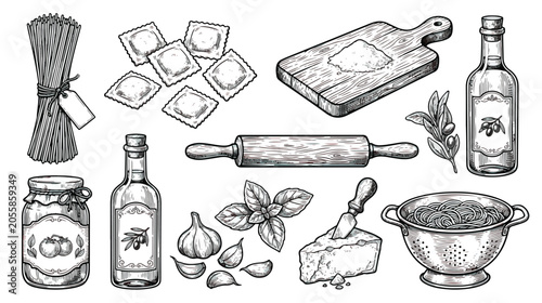 Φωτογραφία Vintage Italian pasta cooking set, hand drawn sketch of kitchen tools and ingred