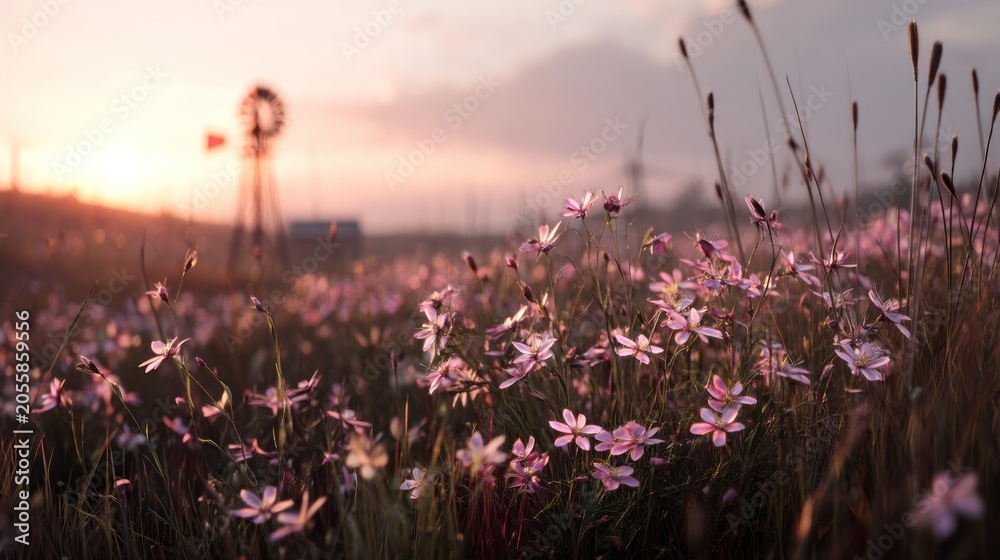Naklejka premium Pink wildflowers sunset field