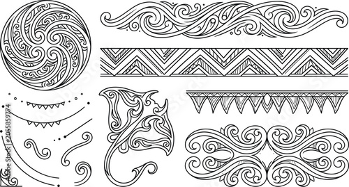 Photos Maori polynesian tribal tattoo ornaments and borders set line art vector illustr