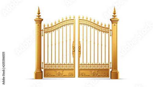 isolated open golden gate fence on white
