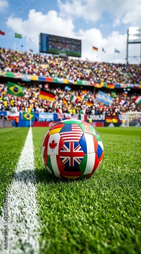 Soccer Ball with National Flags on Green Grass Field in Stadium with Crowd