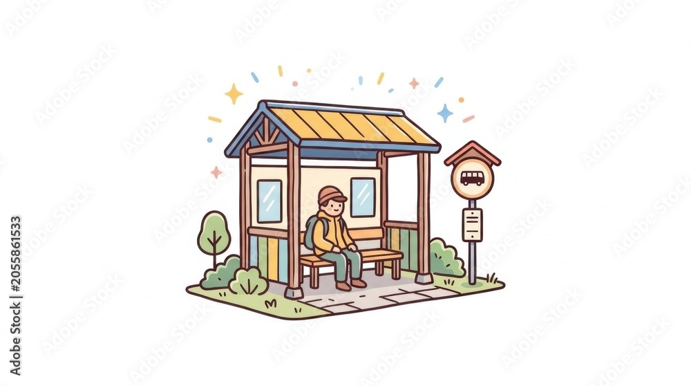 Obraz premium Cartoon character sitting on a bench at a bus stop shelter