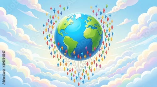 Vibrant illustration of a globe surrounded by diverse people in clouds