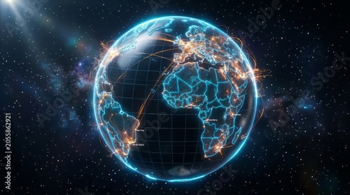 Glowing digital earth globe with network connections in dark space