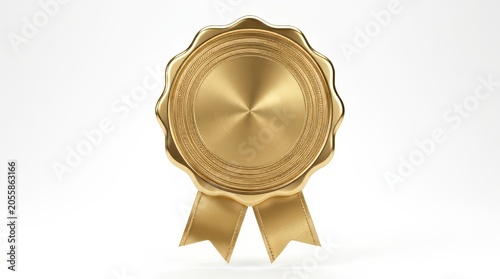 Shiny gold medal badge with blank center and ribbon tails