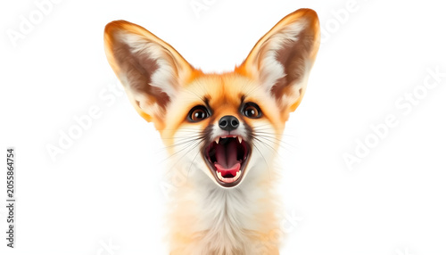 A dramatic close-up of a cute fennec fox with its signature large ears, opening its mouth wide to reveal tiny teeth in a fierce hiss or yip, isolated on a white background.