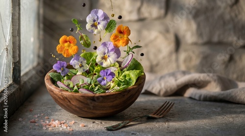 Airborne Fresh Salad with Edible Pansies, Nasturtiums and Violets in Golden Hour Light, Luxury Culinary Photography