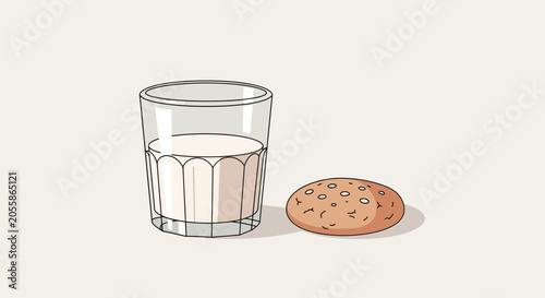 A Glass of Milk and a Cookie on a Plain Background.