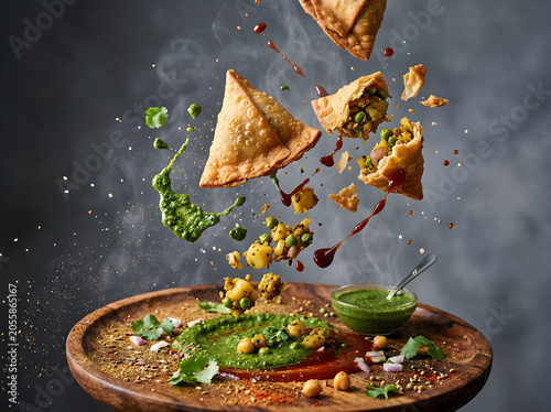 Indian Samosas Explosion with Potato Pea Filling Green Chutney and Tamarind Sauce Splash on Wooden Platter
