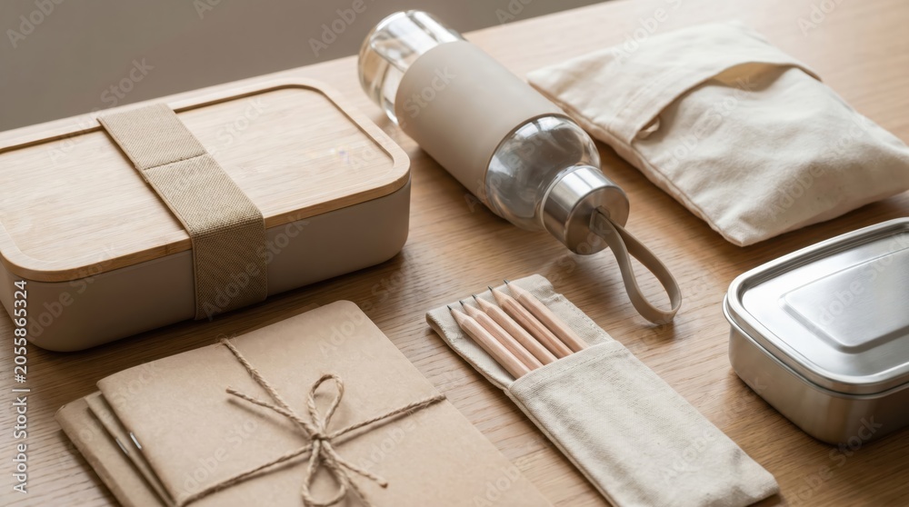 Zero Waste Lifestyle Essentials Set with Bento Box Glass Water Bottle and Sustainable Stationery for Eco Friendly Living and Plastic Free Daily Routine