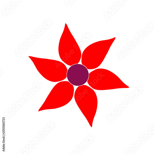 Abstract floral with six red petals,  purple center