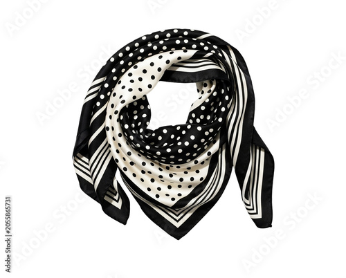 Black and white polka dot and striped silk scarf on transparent background