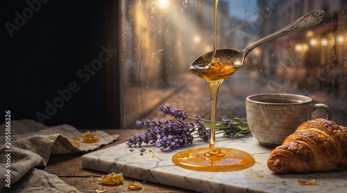 Molten Honey Drip from Antique Spoon with Lavender, Croissants and Tea in Rain-Lit Parisian Bakery Window, Luxury Food Photography