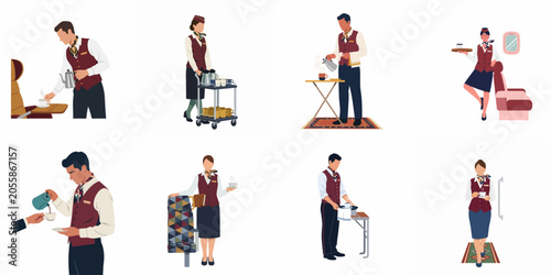 Foto Set of flat vector illustrations showing male and female flight attendants providing professional inflight service, serving coffee and tea to airline passengers