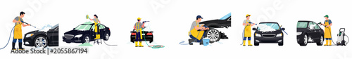 Professional car wash service collection with workers using pressure washers, sponges, and soap to clean black vehicles in a flat vector style.