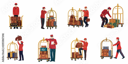 Bild auf Leinwand Collection of flat hotel bellhop characters in red uniforms handling luggage with carts and suitcases for luxury hospitality service