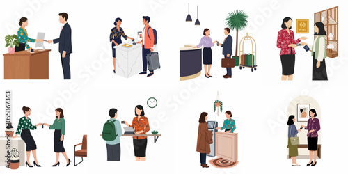 Tableau sur toile Set of flat illustrations depicting various hotel check-in and check-out scenarios with diverse guests and receptionists at front desks