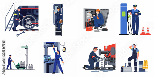 Set of flat vector illustrations featuring railway industry workers performing maintenance, repair, and operational tasks at a train station and yard.