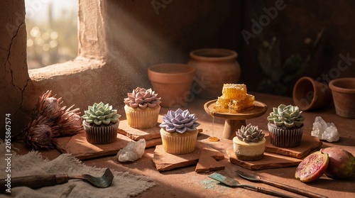 Artisan Cupcakes with Realistic Succulent Buttercream in Desert Apothecary Light, Luxury Dessert Photography