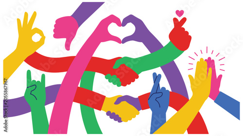 Colorful diverse hands making gestures of unity and community spirit.