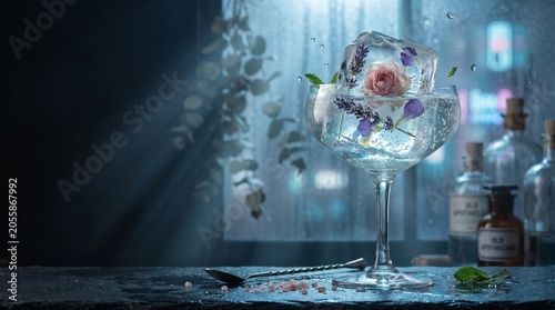 Crystal-Clear Floral Ice Cube with Rose and Lavender in Elderflower Spritz at Blue Hour, Luxury Beverage Photography