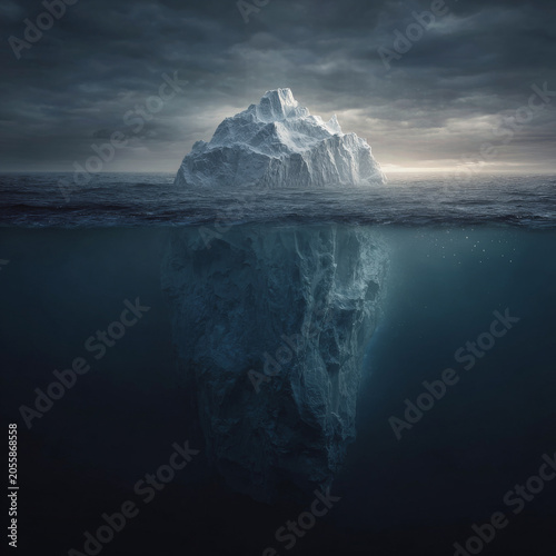 Massive iceberg floating in ocean with half of it submerged underwater under cloudy sky, creating mysterious and cold atmosphere