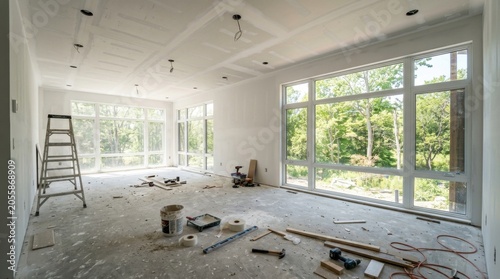 Empty room under construction has large The project includes installation of plasterboard, specifically