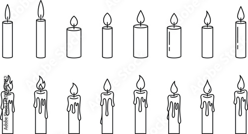 Fotografie Set of black and white outline candle icons with burning flames for spa, holiday