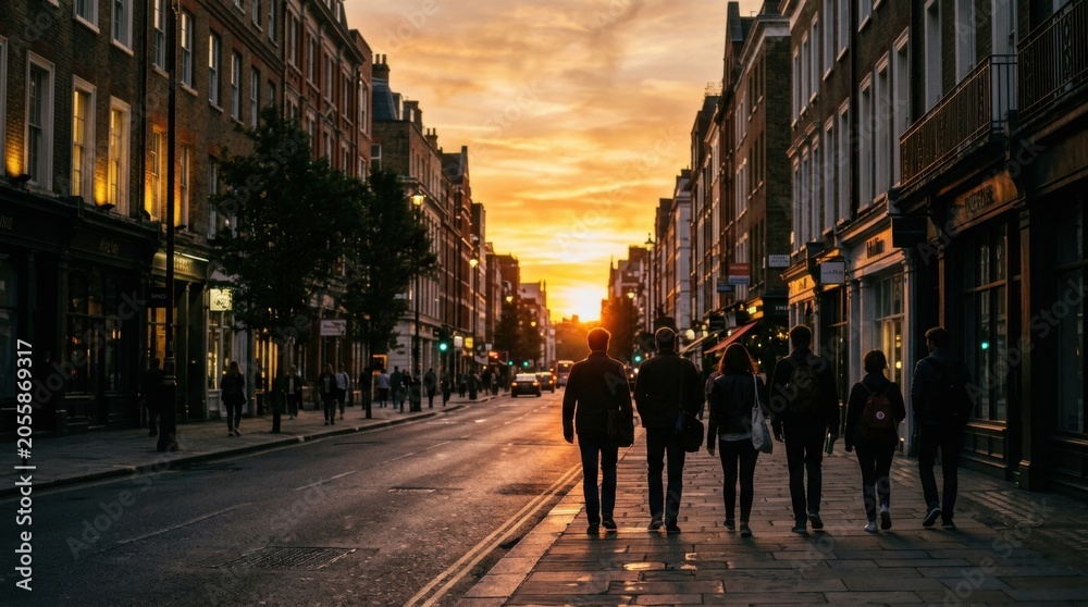 Obraz premium Group people walking street sunset sky Silhouetted pedestrians walk along a city sidewalk during vibrant