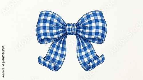 Hand-drawn illustration bow made up Navy blue and white gingham checkered tie isolated