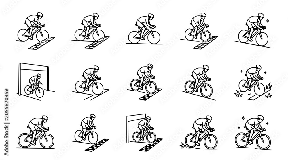 Naklejka premium Cycling Competition Set: Cyclists Racing, Winning, and Crossing Finish Line in Line Art Style