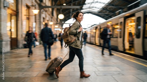 Young woman solo traveler walking through busy train station with backpack and luggage, female commuter rushing for departure, travel lifestyle concept, urban transit scene