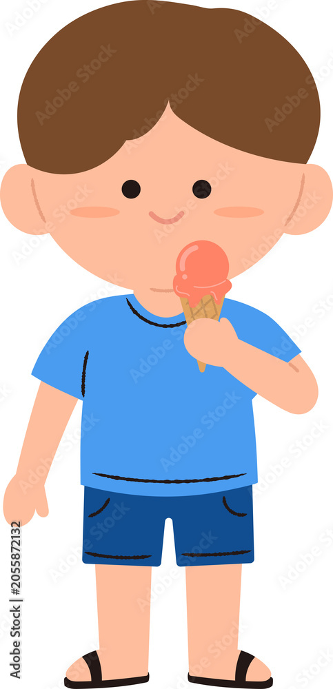 Fototapeta premium Cute Boy Eating Ice Cream Summer Character